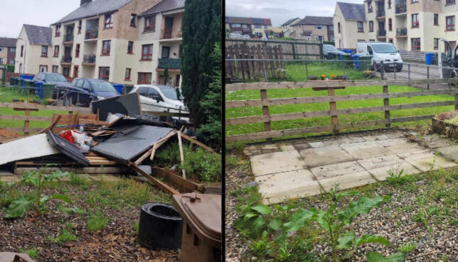 Before and after photo of a pasture cleared of old furniture by G & D Electrical Services Ltd, showcasing their clearance services in Insch AB52 6HG, specializing in junk and waste removal across Aberdeenshire.